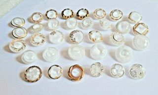 34 Vintage German Glass Moonglow Buttons With Gold Luster - White 1/2 " - 5/8 "