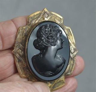 Cameo Mourning Brooch Pin Victorian Black Glass Jet Lady Head Large Antique
