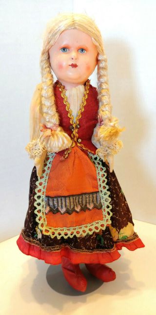 Vintage 12 " Poland Cloth Doll W/ Paper Mache Handpainted Head Blonde Braids