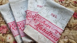 Antique Vtg German Red Damask Linen Towel Kuchen Handtuch Monogrammed M W G
