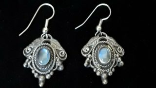 Vintage Antique Art Deco Nouveau Sterling Silver & Moonstone Earrings Dangling
