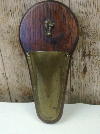Vintage Wood & Brass Spill Taper Cat Design Wall Vase Pocket Fireplace Edwardian