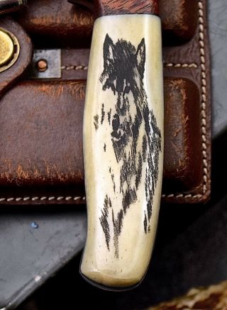 CFK Handmade D2 Custom WOLF & DEER Scrimshaw Bone Cocobolo Wood Hunting Knife 2