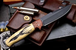 CFK Handmade D2 Custom WOLF & DEER Scrimshaw Bone Cocobolo Wood Hunting Knife 4
