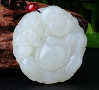 Hand - Carved Natural White Jade Buddha Amulet Pendant Necklace