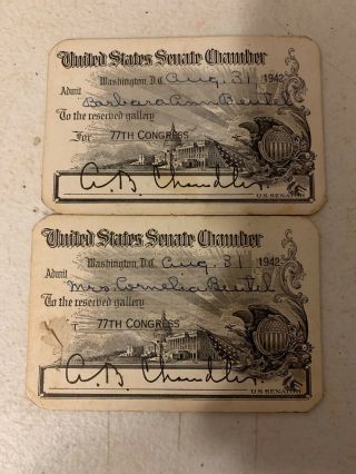 2x U.  S.  Senate Chamber Pass For The 77th Congress,  1942 Signed
