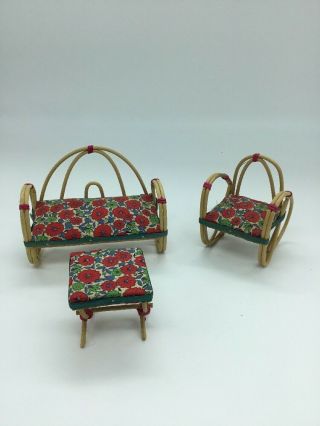 3 Piece Set Dollhouse Furniture Table Chairs Set Wicker Wood Made In Japan