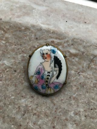 Antique Victorian Hand Painted Fancy Lady Portrait On Porcelain Pin