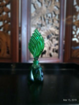 Brilliant Czech Malachite Green Glass,  Perfume Bottle W/ Art Deco Flame Stopper