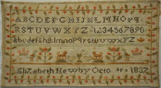 Small Early 19th Century Alphabet & Motif Sampler By Elizabeth Newby - 1837
