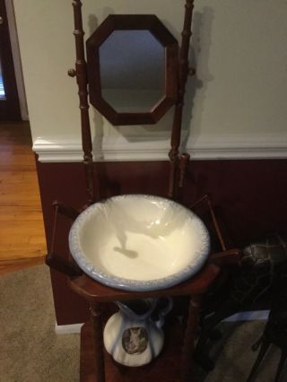 Antique Country Wash Basin Stand With Bowl And Pitcher.