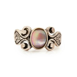 Antique Vintage Deco Style Sterling Silver Iridescent Mother of Pearl Ring Sz 7 2