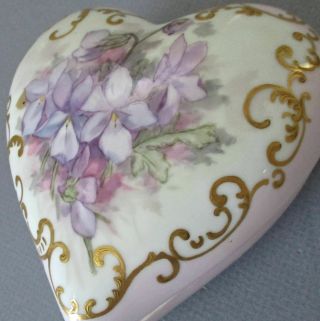 Antique Limoges Hp Porcelain Heart Shape Box Violets Delicate Gilt Paste