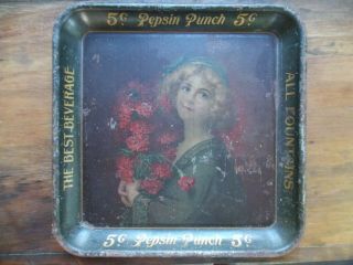 Antique Vintage Advertising Tin Litho Soda Tray Pepsin Punch Best Fountain 1900s
