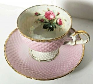 Vintage Cherry China Lustreware Footed Teacup And Saucer Pink Roses