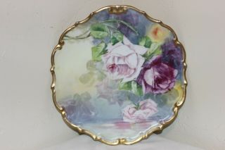 Antique Limoges Charger Plate Lobc Flambeau France,  Roses,  Signed