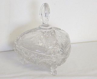 Antique Deeply Cut Glass Dish Triangle Shaped Footed Candy Dish With Lid Flowers