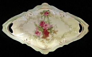 R S Prussia Hand Painted Porcelain Dish Open Handles Roses Ca 1890 Antique Exc