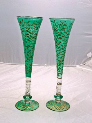 2 Antique 10 1/2 " Vases,  Art Glass,  Green Gilded Bohemian Czech Moser Glass
