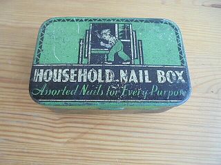 Antique Tin Box Says (household Nail Box On Front) 3 1/2 X 2 1/2 X 1 1/2