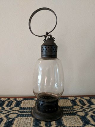 Early Antique 19th Century Glass & Star/diamond Pierced Tin Lantern Aafa