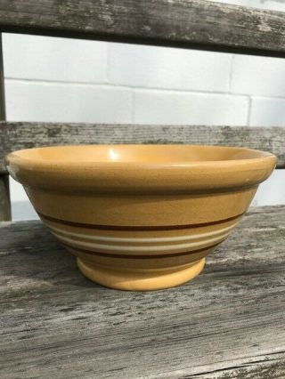 Antique/vintage Yellow Ware Bowl 10 1/4 " Brown And Ivory Bands