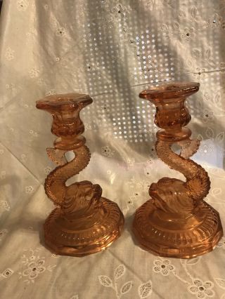 Old Pair Amber Depression Glass Koi Fish,  Dolphin Candle Holders Ornate 8”tall