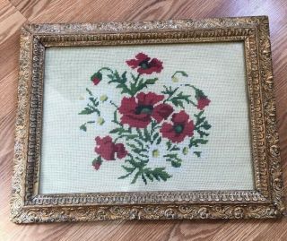 Antique Hand Crafted Framed Completed 16 " X 11 " Needlepoint Of Red Flowers