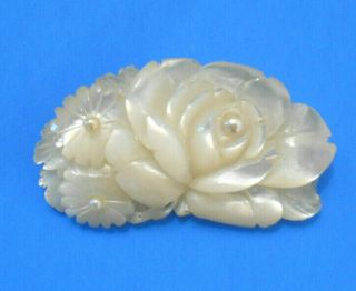 Antique Victorian Carved Mother Of Pearl Large Flowers Pin - Brooch Jewelry 2.  5 "