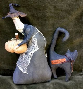 Fabulous Primitive Halloween Witch & Cat Pumpkin Shelf Sitter Hand Crafted Usa