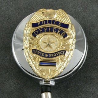 Police Officer Badge Blue Line Retractable Security Id Card Holder Reel