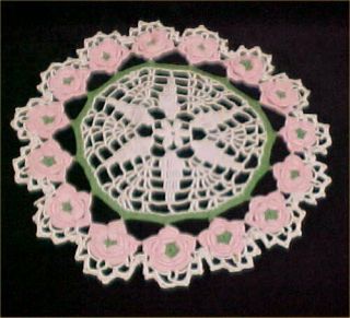 Vintage Antique Hand Crocheted Lace Doily Tablecloth Cabbage Roses 13 " 40s Pink