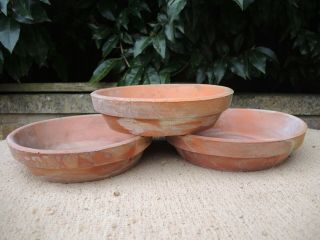 3 Old Vintage Terracotta Plant Pot Saucers Shallow Pots 7.  75 " Diameter (300l)