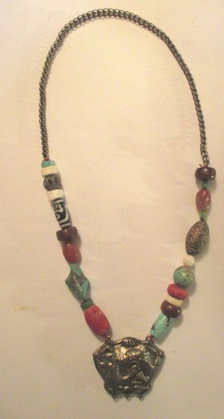 Antique Chinese Tibetan Sun Stone Turquoise Coral Beaded Necklace Pendent