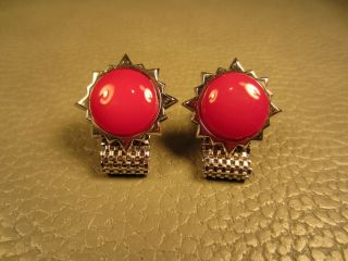 Vintage Red Lucite Wrap Around White Gold Plated Cuff Links