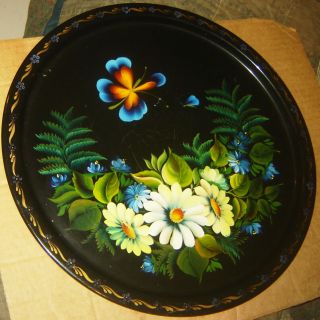 Toleware Metal Tray Butterfly Flowers Hand Painted Black 14 " Inches Round