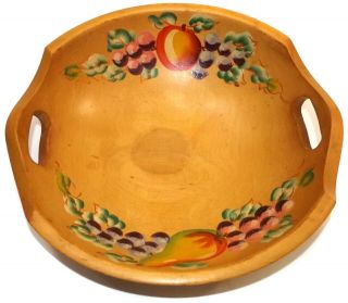 Vintage Signed Woodcroftery Handled Wood Bowl Hand - Painted Tole Fruit