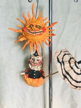 Primitive Handsculpted Primitive Halloween Hot Air Balloon Sun Moonman Rider 8”