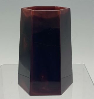 Hexagonal Antique Lithyalin Glass 3 - 3/4 " Vase,  Probably Friedrich Egermann Red