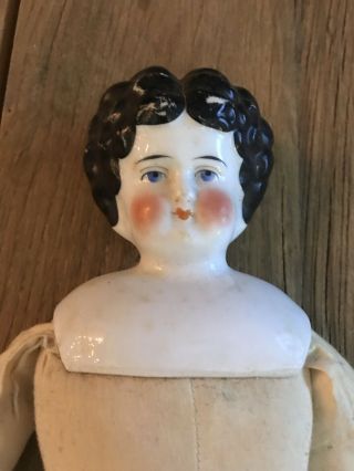 Antique Porcelain China Head Doll,  Arms & Legs High Brow & Blue Eyes - Brunette