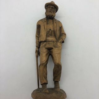 Vintage Hand Carved Wooden Figurine Old Man With Cane Hand Carved 6.  5 Inches