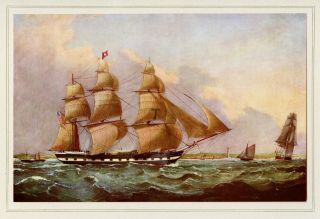1925 Vintage Nautical Color Print The Joshua Bates Packet Ship Tall Ships