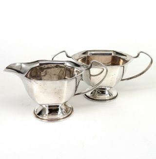 Silver Art Deco Style Milk Jug & Sugar Bowl Set Scroll Handle Faceted Form