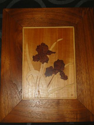 Vintage Marquetry Folk Art Wood Inlay Irises By Robert J Fick