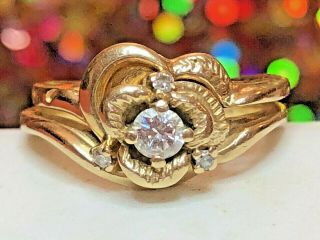 Antique 14k Gold Diamond Ring & Band Wedding Set Anniversary Signed Mci Milgrain