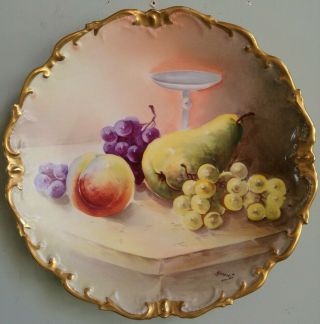 Antique Artist Signed Limoges Hp Fruit Charger Cabinet Plate Henriot 10.  5 " Vtg