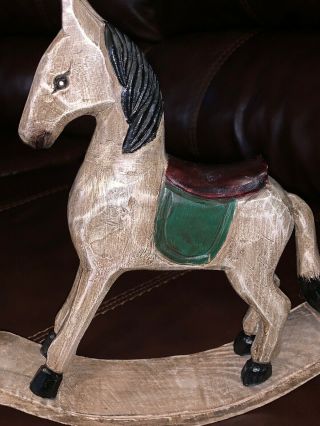 Hand Carved Wood Rocking Horse Statue With Painted Accents