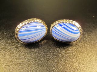 Vintage Striated Blue Agate White Gold Plated Cuff Links