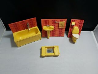 Vintage Lundby Red Tile Bathroom Set Dollhouse Furniture