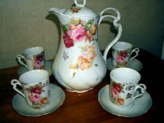 Antique Vintage Porcelain Chocolate Pot Set With Cups Germany Roses